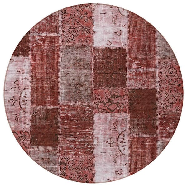 Burgundy, Merlot, Blush 8 ft. Round Woven Plaid Polyester Round Indoor/Outdoor Area Rug