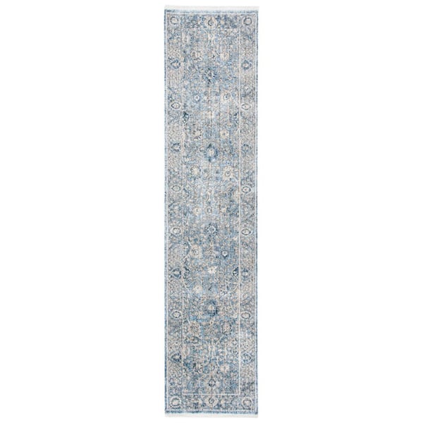 Dream 2 ft. x 8 ft. Gray/Turquoise Border Distressed Floral Runner Rug