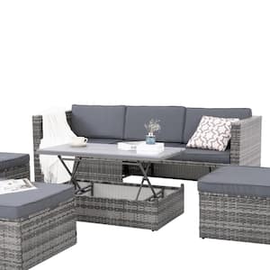 5-Piece Gray Wicker Patio Conversation Set with Dark Gray Cushions, Lift TOP Coffee Table