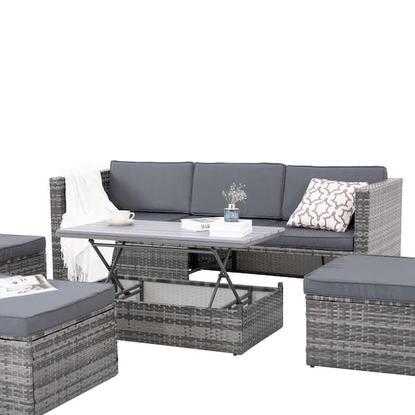 Tenleaf 5-Piece Gray Wicker Patio Conversation Set with Dark Gray Cushions, Lift TOP Coffee Table