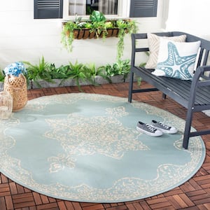 Beach House Cream/Aqua 4 ft. x 4 ft. Solid Medallion Floral Indoor/Outdoor Patio  Round Area Rug