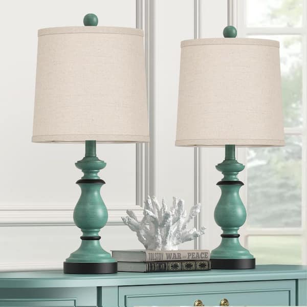 22 in. Rustic Farmhouse Table Lamp (Set of 2), Bedside Desk Lamps Vintage Nightstand Lamps with Linen Shades, Green