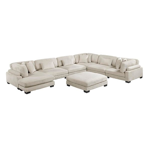 Turbo 135 in. Pillow Top Arm 7-Piece Corduroy Fabric Modular Sectional Sofa in Beige with Reversible Chaise and Ottoman
