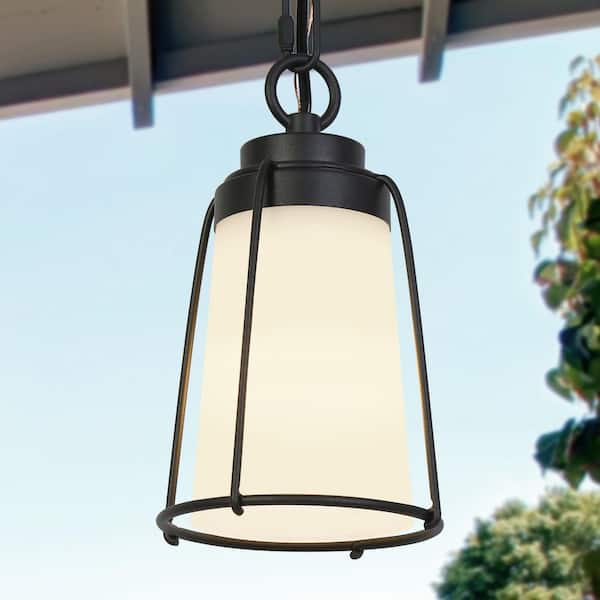 9.1 in. 1-Light Black Modern Bell Outdoor Porch Pendant Light Industrial Hanging Entry Lantern with Frosted Glass Shade