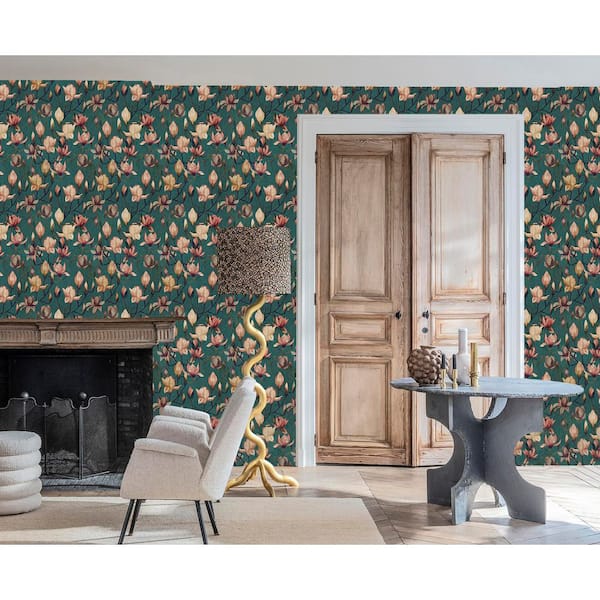 Heron Green Magnolia Flowers Print Non Woven Non-Pasted Textured Wallpaper 57 sq. ft.