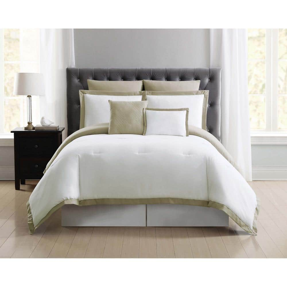 Truly Soft Everyday 7-Piece White and Khaki Queen Comforter Set