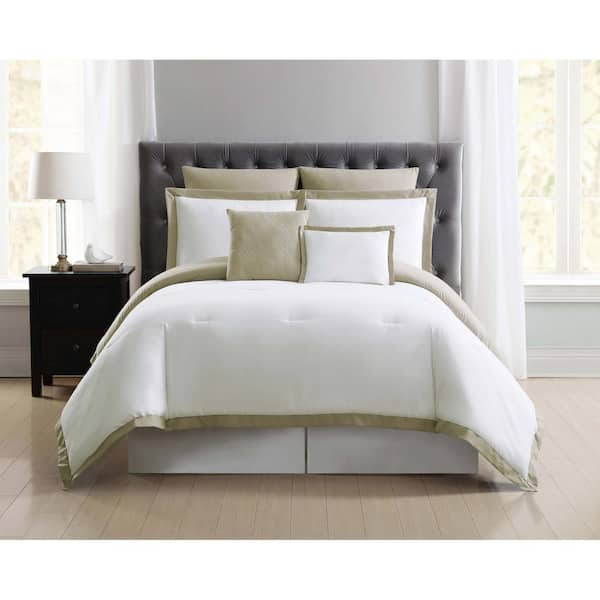 Truly Soft Everyday 7-Piece White and Khaki Queen Comforter Set ...