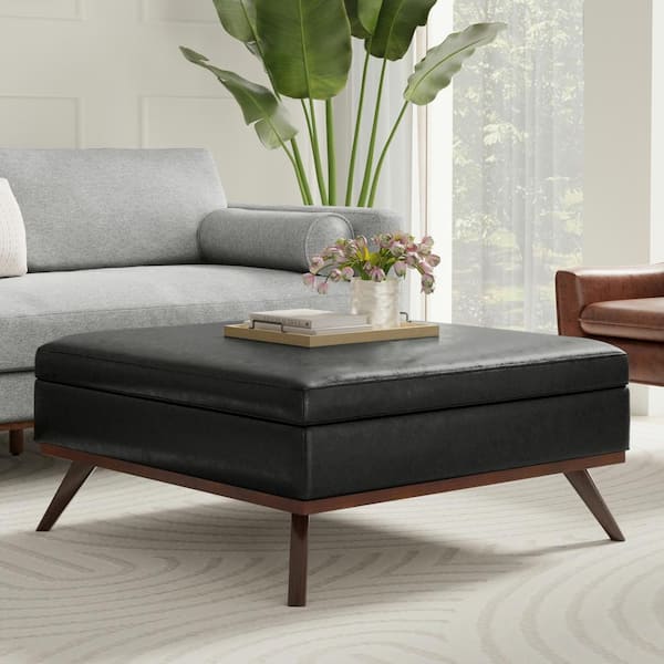 Simpli Home Owen 41 in. Wide Mid Century Modern Square XL Coffee Table Storage Ottoman in Distressed Black Vegan Faux Leather