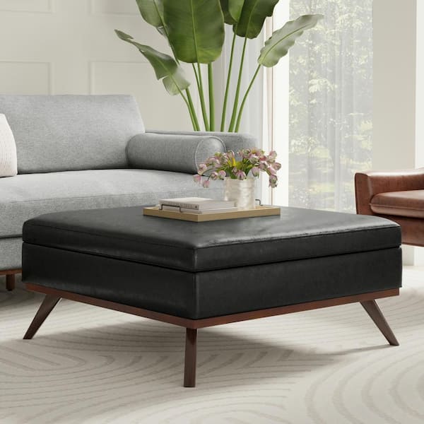 Owen 40 in. Square XL Coffee Table Storage Ottoman in Distressed Black Vegan Faux Leather, Assembled
