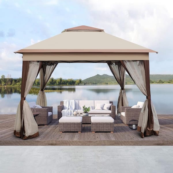Unbranded 11 ft. x 11 ft. Outdoor Coffee Pop Up Gazebo Canopy with Removable Zipper Netting, Soft Top Tent, Patio/Garden/Camping