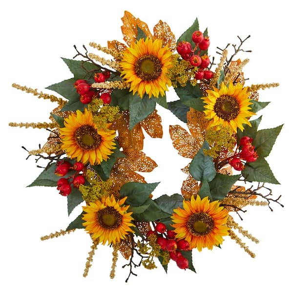 Nearly Natural 27in. Artificial Unlit Artificial Holiday Wreath with Sunflower Berry