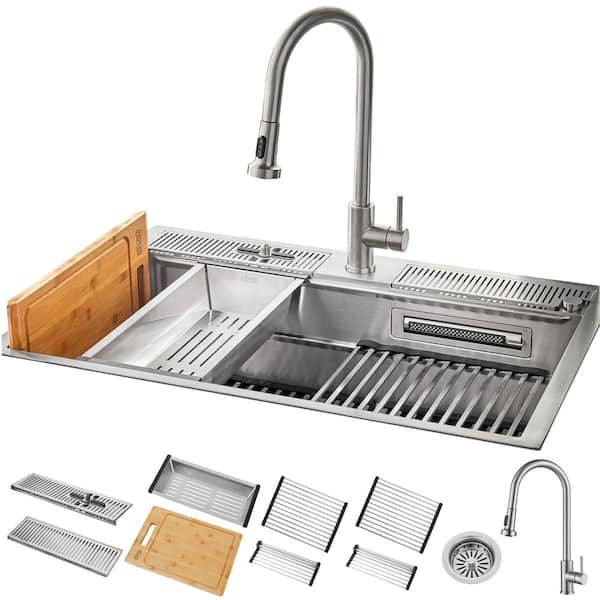 33 in. Deep Drop-In/Undermount Single Bowl 3-Level Workstation Stainless Steel Sink w/ Faucet, Glass Rinser, Waterfall