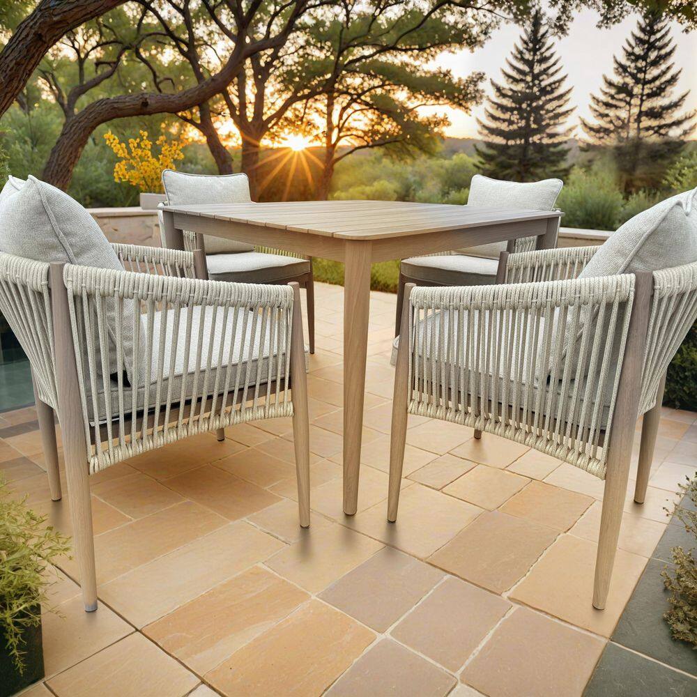 Bali 5-Piece Brown Aluminum Outdoor Dining Table Set with a Square Dining Table Dining Chairs and Cast Natural Cushions price history on PriceWatchPro