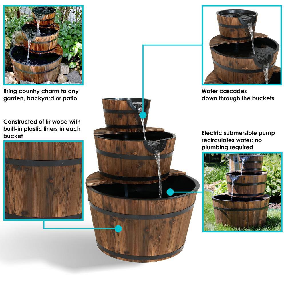 30-Inch Rustic Fir Wood 3-Tier Barrel Outdoor Fountain