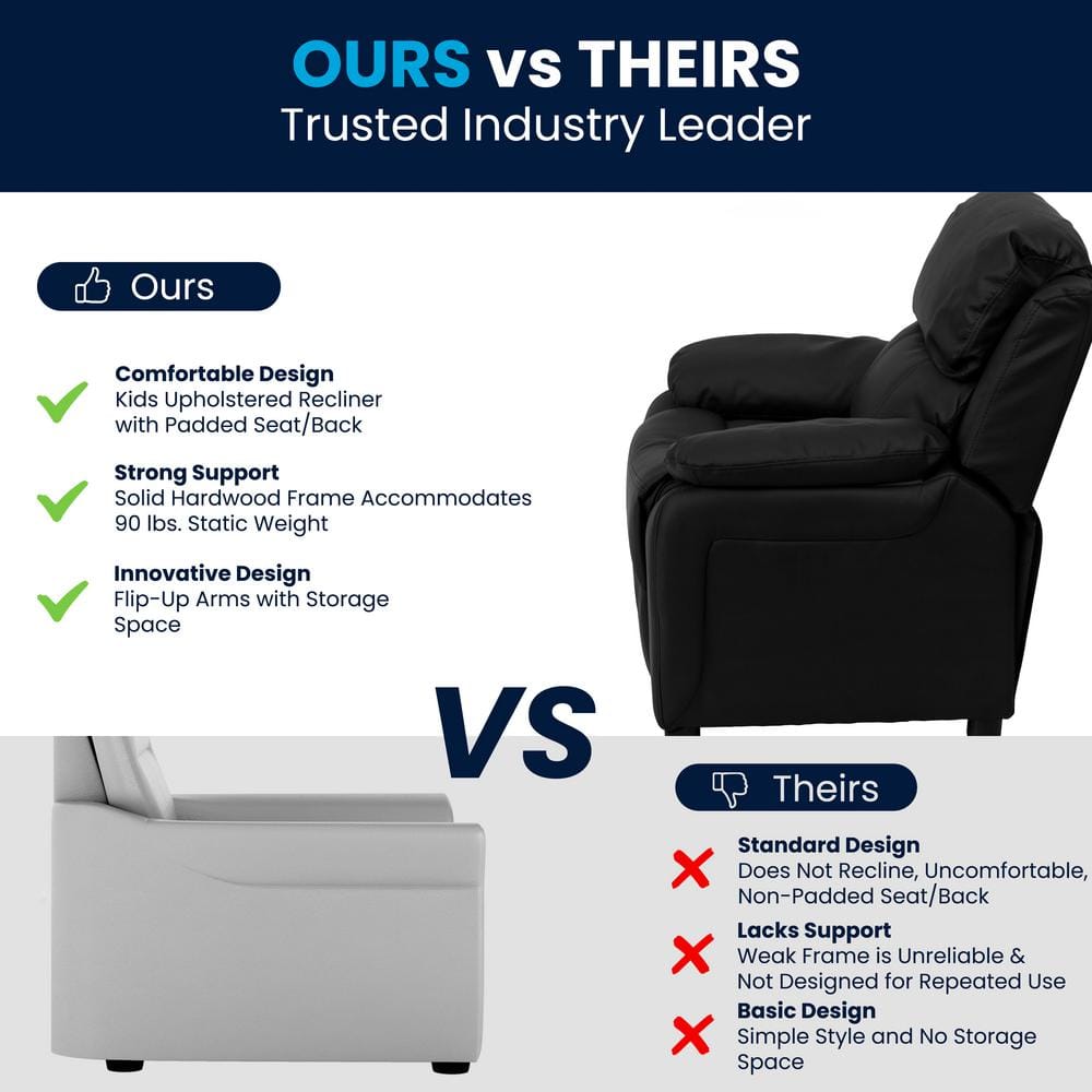 Cozy Kid's Black Microfiber Recliner with Cup Holder and Storage