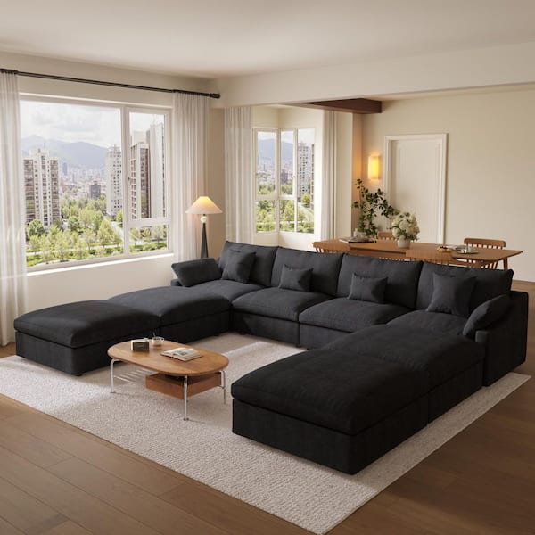 Black Sectional Sofa 8-Piece Linen Feather Modular Free Combination Living Room Set with Ottoman, Removeble Covers