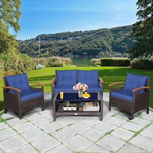4-Pieces Wicker Outdoor Sectional Set Sofa Storage Table with Navy Cushions