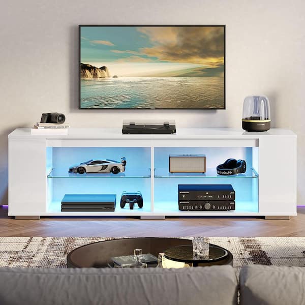 Glossy White 71 in. TV Stand Fits TVs Up to 80 in. Gaming Entertainment Center with Bookshelf, LED and 4 Open Shelves