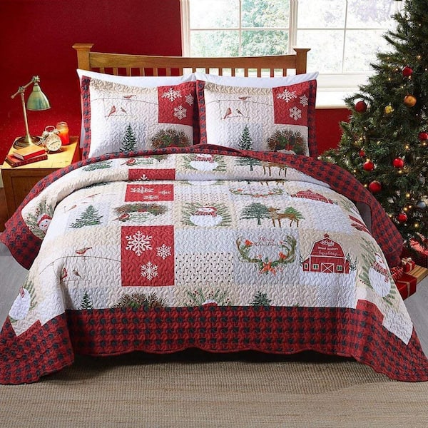 B013 Christmas Red Castle and Snowman Queen Size Polyester Quilt Bedspread Set