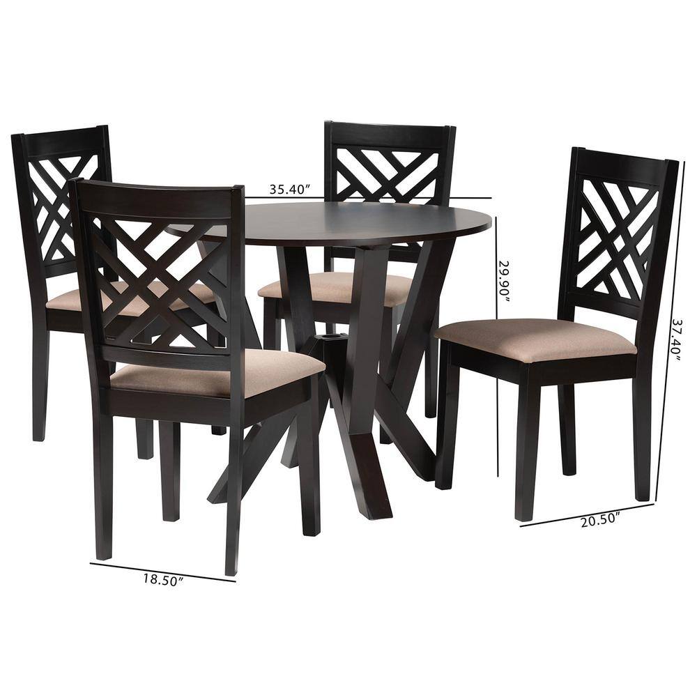 Elise Round Espresso Wood Dining Set with Beige Fabric Seats, 5-Piece