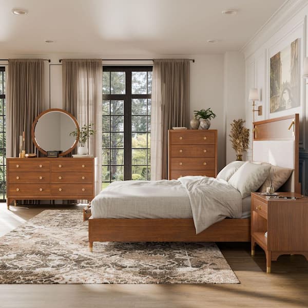 Forma 6-Piece Mid Century Walnut Wood Queen Storage Platform Bedroom Set with Reading Lights