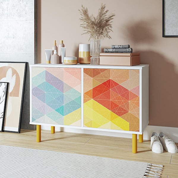 Manhattan Comfort Metro Mid-Century Modern White and Multi Color Red, Yellow, Blue Print 26.77 in. H Accent Storage Cabinet with 4 Shelves