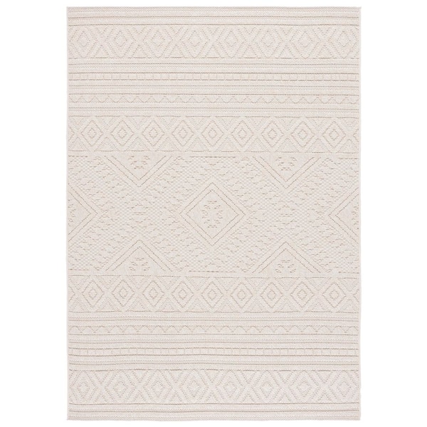 Global Light Beige/Ivory 9 ft. x 12 ft. Solid Striped Diamond Indoor/Outdoor Area Rug