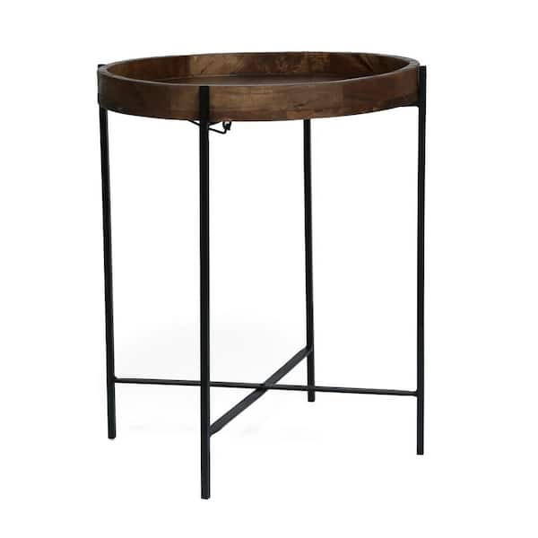 Noble House Schley 22 in. Natural and Black Folding Tray Top Round Wood Side Table