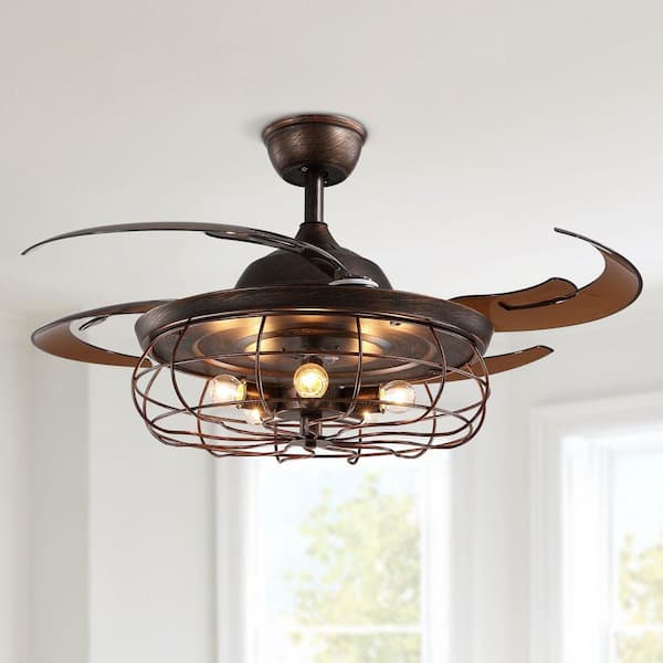 48 in. Brown Rust Retractable Caged Downrod Ceiling Fan with Lights and Remote Control for Dining Room and Living Room