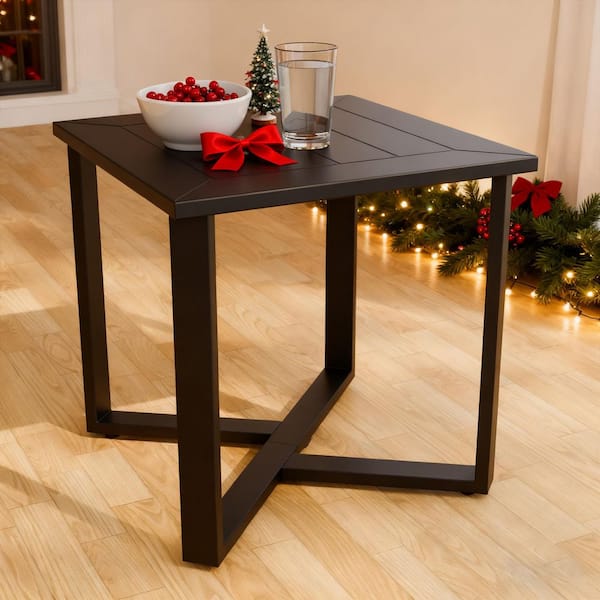 Patio Square Outdoor Side Table Metal Frame Modern Industrial Style in Black