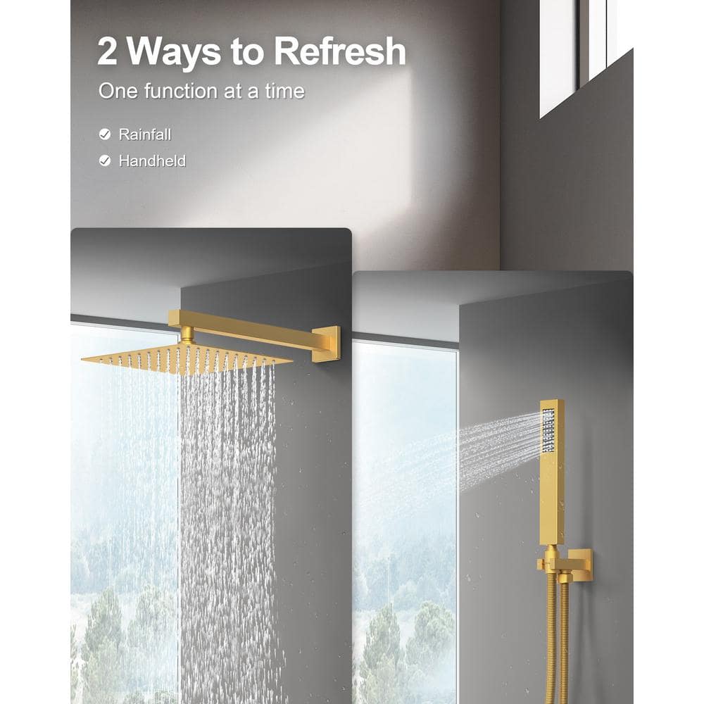 Grandjoy 10" Brushed Gold Rainfall Shower Head System with Handheld Spray