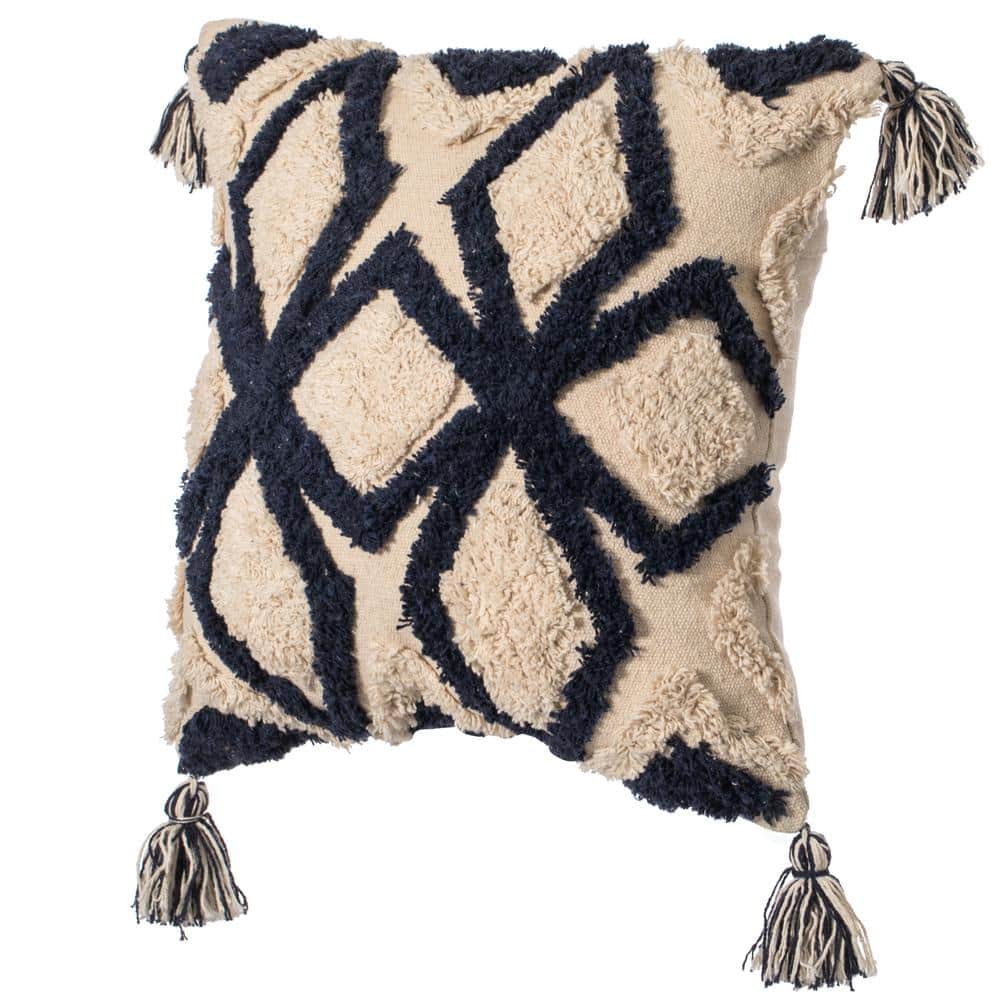 DEERLUX 16 in. x 16 in. Blue Handwoven Cotton Throw Pillow Cover with  Tufted Blue and White Geometric Pattern and Corner Tassels QI004306.GC -  The Home Depot