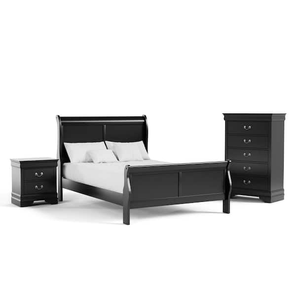 Furniture of America 3-Piece Burkhart Black Wood Full Bedroom Set Bed and Nightstand with Chest