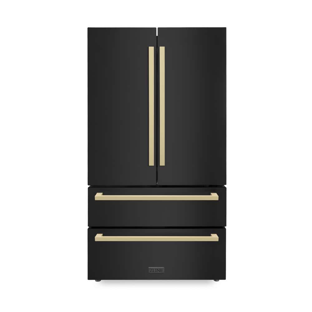 ZLINE Kitchen and Bath Autograph Edition 36 in. 4-Door French Door Refrigerator with Square Champagne Bronze Handles in Black Stainless Steel, Black Stainless Steel & Champagne Bronze