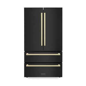 Autograph Edition 36 in. 4-Door French Door Refrigerator with Square Champagne Bronze Handles in Black Stainless Steel