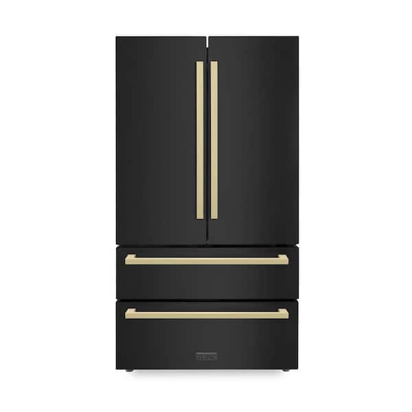 ZLINE Kitchen and Bath Autograph Edition 36 in. 4-Door French Door Refrigerator with Square Champagne Bronze Handles in Black Stainless Steel
