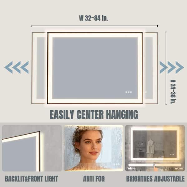 84 in. W x 32 in. H Rectangular Aluminum Framed Light Dimmable Anti-Fog LED Wall Bathroom Vanity Mirror in Black