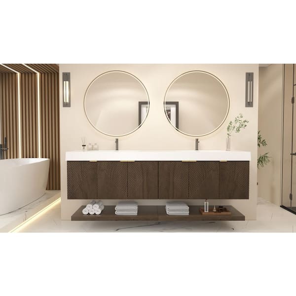 Stella 84 in. W x 20 in. D x 22 in. H Double Sink Chestnut Brown Bath Vanity with White Acrylic Top Floating Lower Shelf