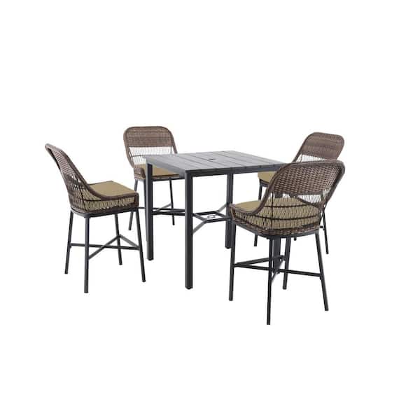 Hampton Bay Beacon Park 5-Piece Brown Wicker Outdoor Patio High Dining Set with CushionGuard Putty Tan Cushions