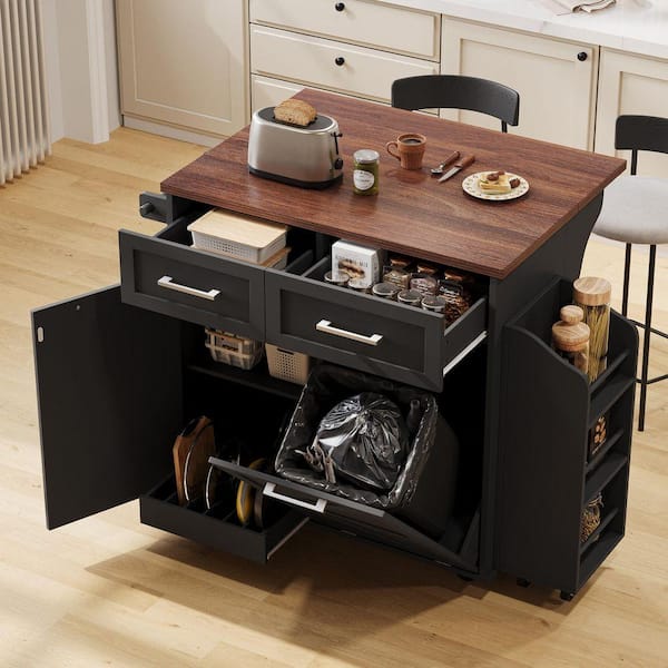 Black Wood 47.2 in. Farmhouse Rolling Kitchen Island with Removable Side Racks, Drop Leaf and Drawers