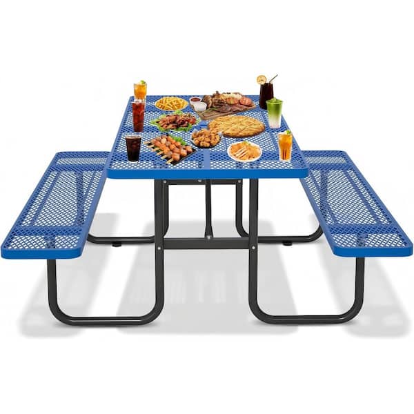 72.2 in. Blue Rectangular Outdoor Steel Picnic Table with Umbrella Hole and 2 Built-in Benches