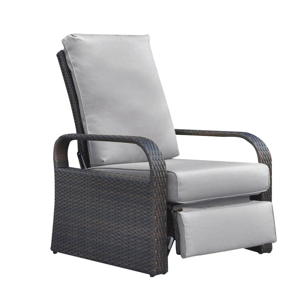 Brown Wicker Automatic Adjustable Outdoor Lounge Chair with Grey Comfy Thic
