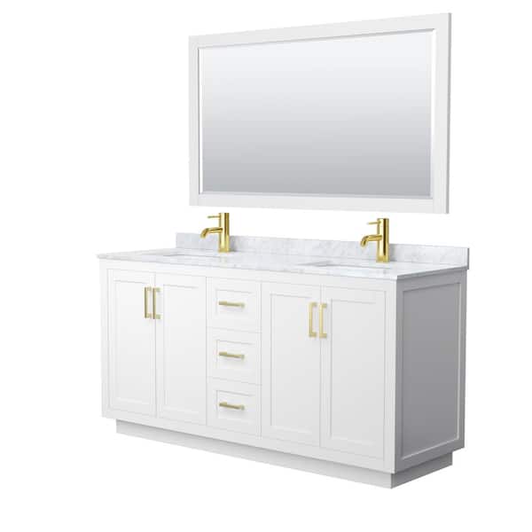 Wyndham Collection Miranda 66 in. W x 22 in. D x 33.75 in. H Double Sink Bath Vanity in White with White Carrara Marble Top and Mirror