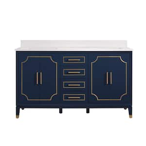 MELODY 60 in. W x 22 in. D x 35 in. H Freestanding Double Sinks Bath Vanity in Navy Blue with Carrera White Vanity Top