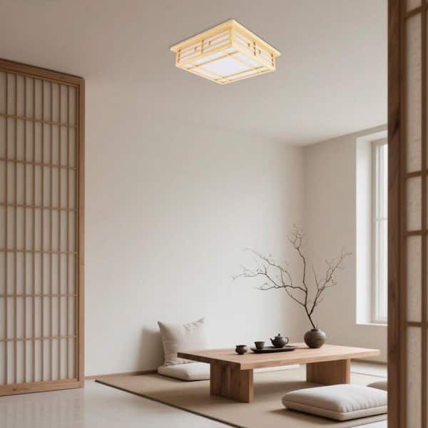 ゆう Room Light replica OUKANING 17.72 in. Wood Japanese Square Integrated LED Flush Mount