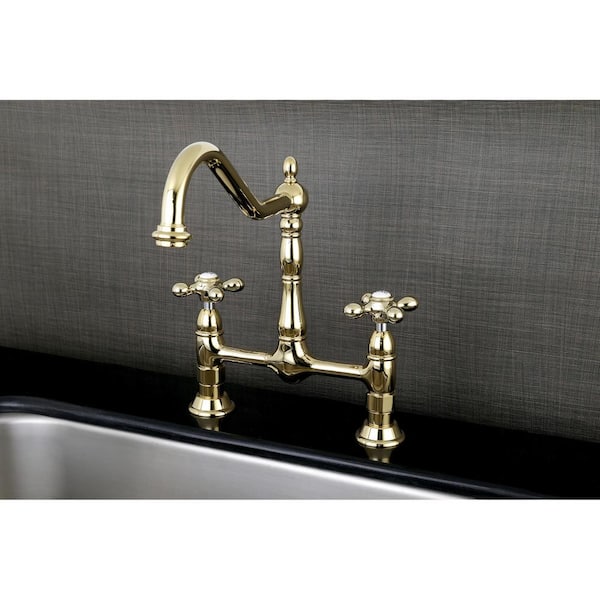 Heritage 2-Handle Bridge Kitchen Faucet with Cross Handles in Polished Brass