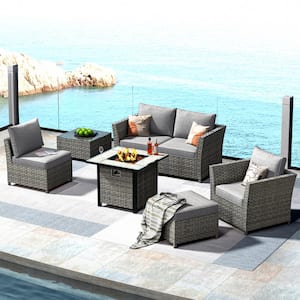 Bexley Gray 7-Piece Wicker Fire Pit Patio Conversation Seating Set with Dark Gray Cushions
