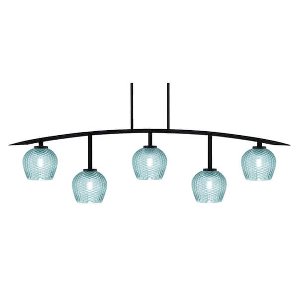 Unbranded Siena 5-Light Matte Black Billiard-Light with Turquoise Textured Glass Shades