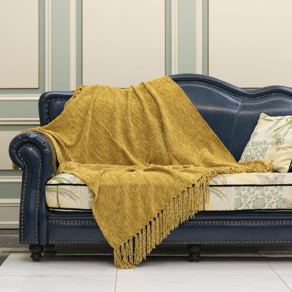 DEERLUX Mustard Decorative Chenille Throw Blanket with Fringe QI003969.MD -  The Home Depot
