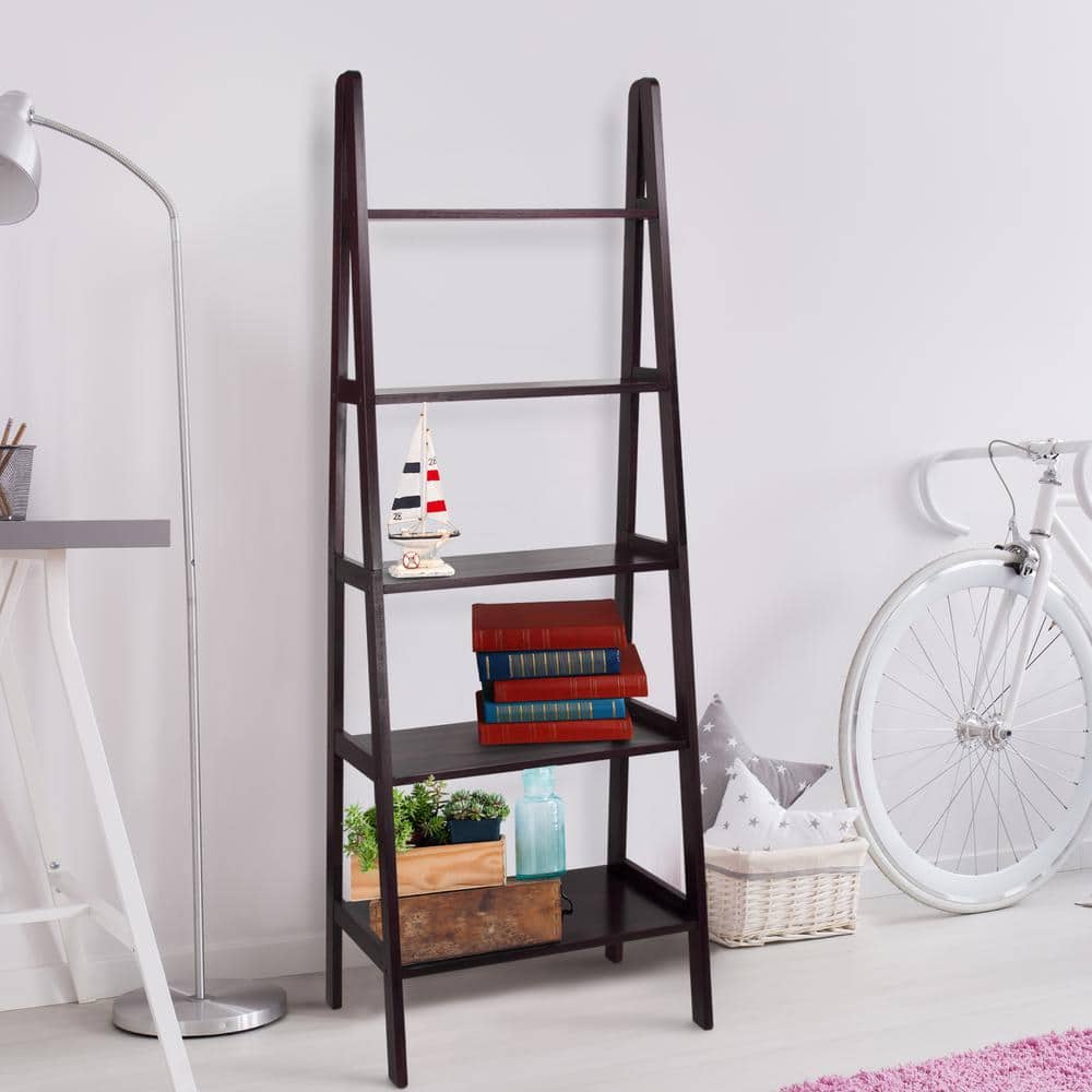 Espresso Solid Wood Adjustable 5-Shelf Ladder Bookcase